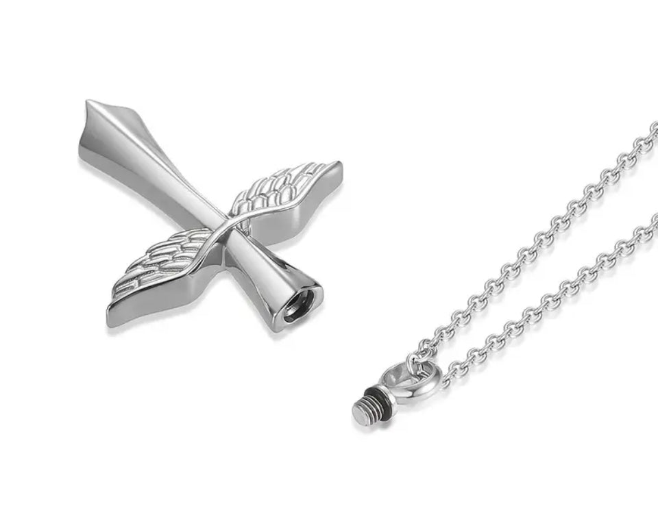 stainless Urn Cross Winged Necklace