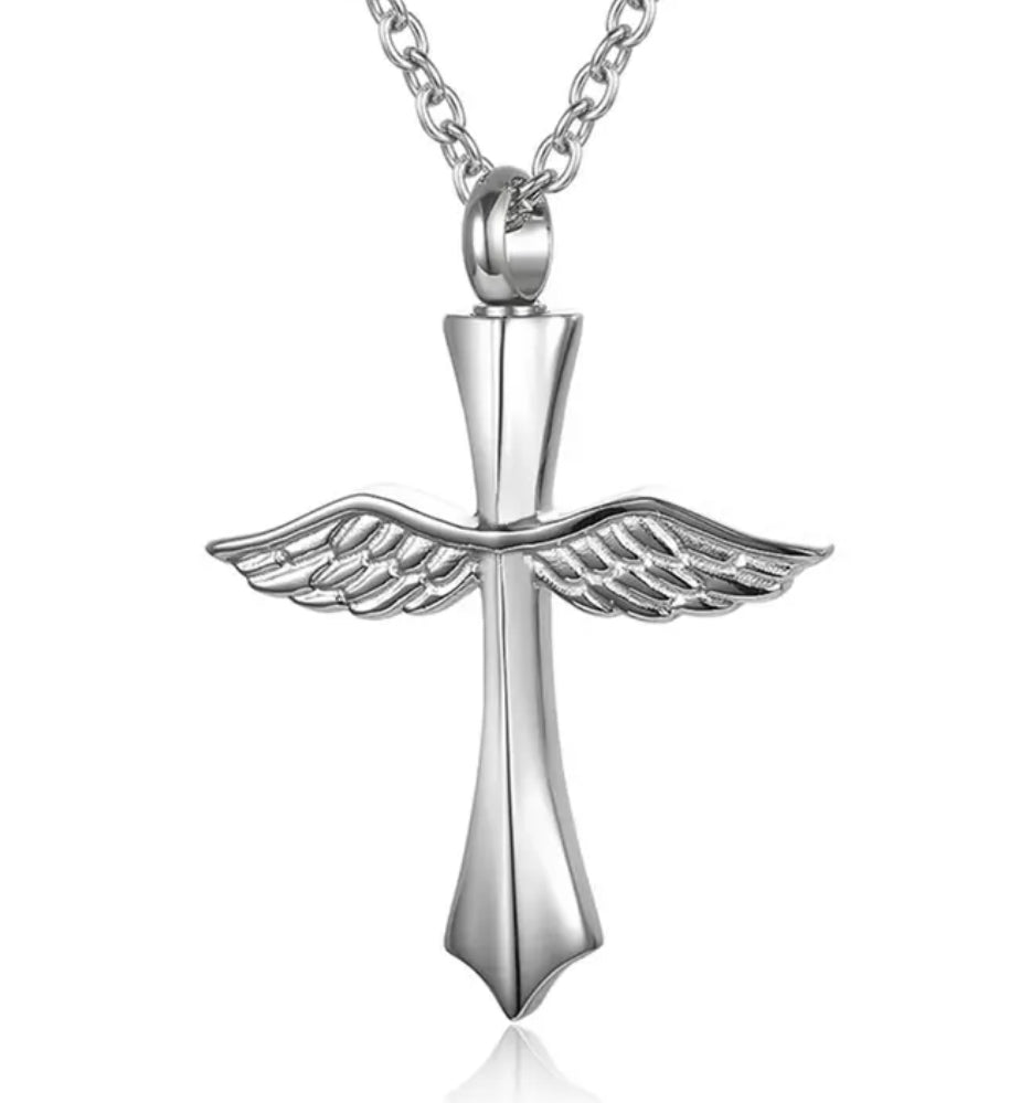 stainless Urn Cross Winged Necklace