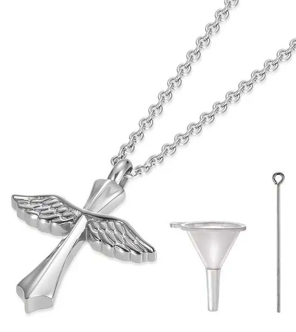 stainless Urn Cross Winged Necklace